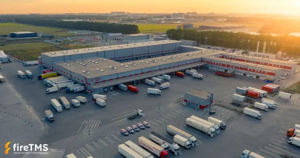 Centrum dystrybucji z dużym parkingiem dla pojazdów ciężarowych