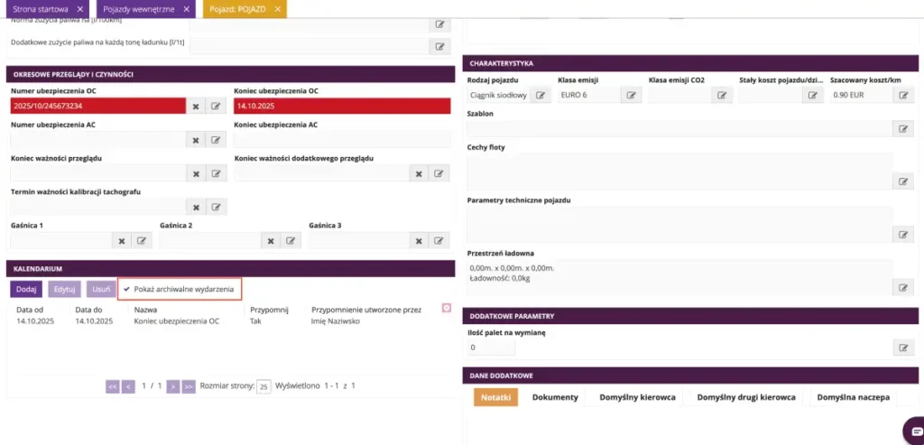 Zrzut ekranu z systemu fireTMS: ekran pojazdu z zaznaczonym polem, dzięki któremu można włączyć podgląd archiwalnych wydarzeń