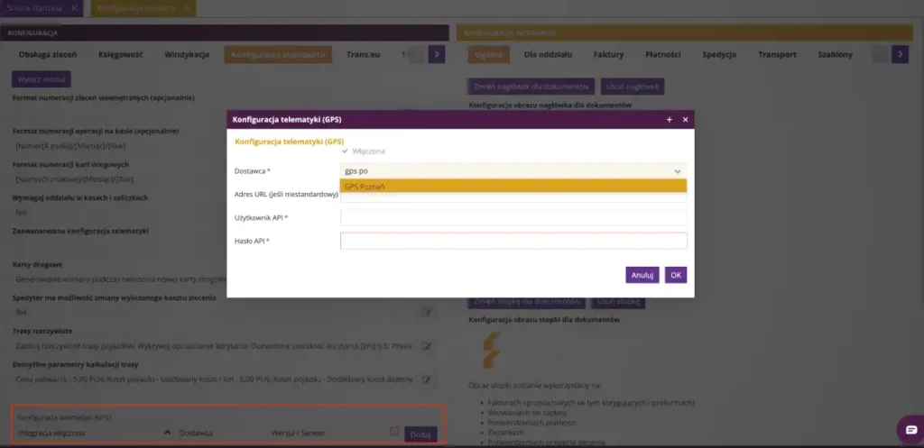 Zrzut ekranu z systemu fireTMS: nowy dostawca GPS na liście wyboru integracji