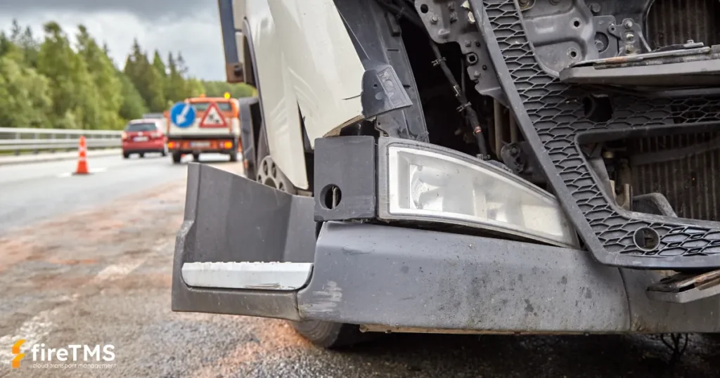 Ein beschädigter Lastkraftwagen, der unterwegs einen Unfall hatte. Der Abschluss einer Versicherung ist die grundlegende Voraussetzung, um ein Transportunternehmen zu führen