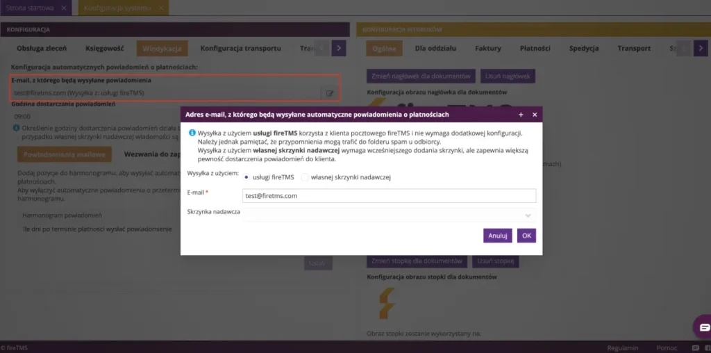 Zrzut ekranu z systemu fireTMS: konfiguracja nadawcy automatycznych powiadomień windykacyjnych