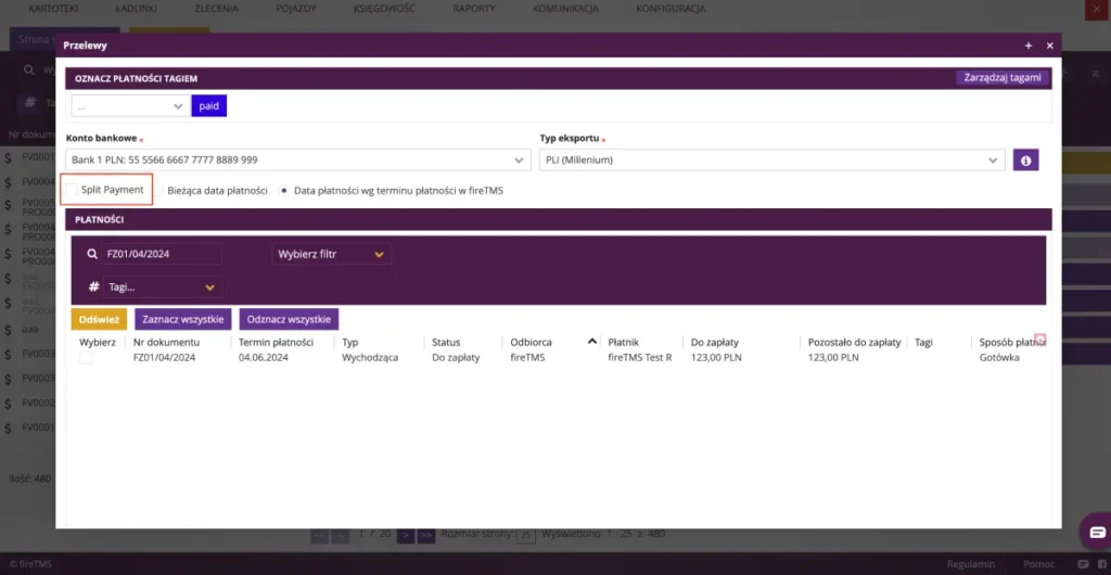 Zrzut ekranu z systemu fireTMS: eksport z obsługą split payment