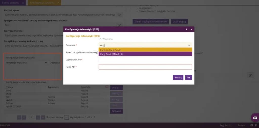 Zrzut ekranu z systemu fireTMS: integracja z Cargotrack